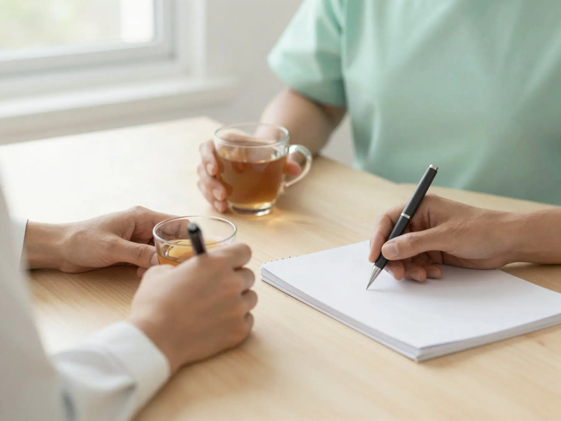 Two people's hands across a table with tea and a notepad, mid-conversation