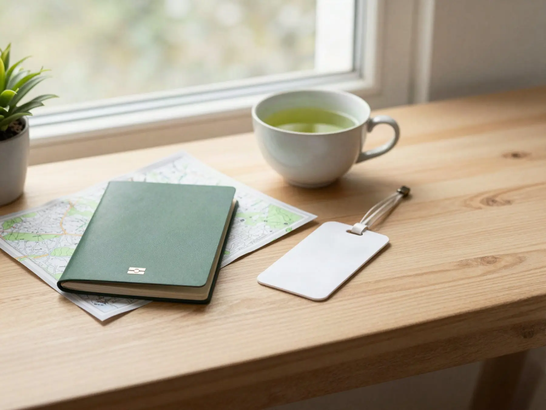A passport, folded map and cup of tea on a wooden desk in morning light