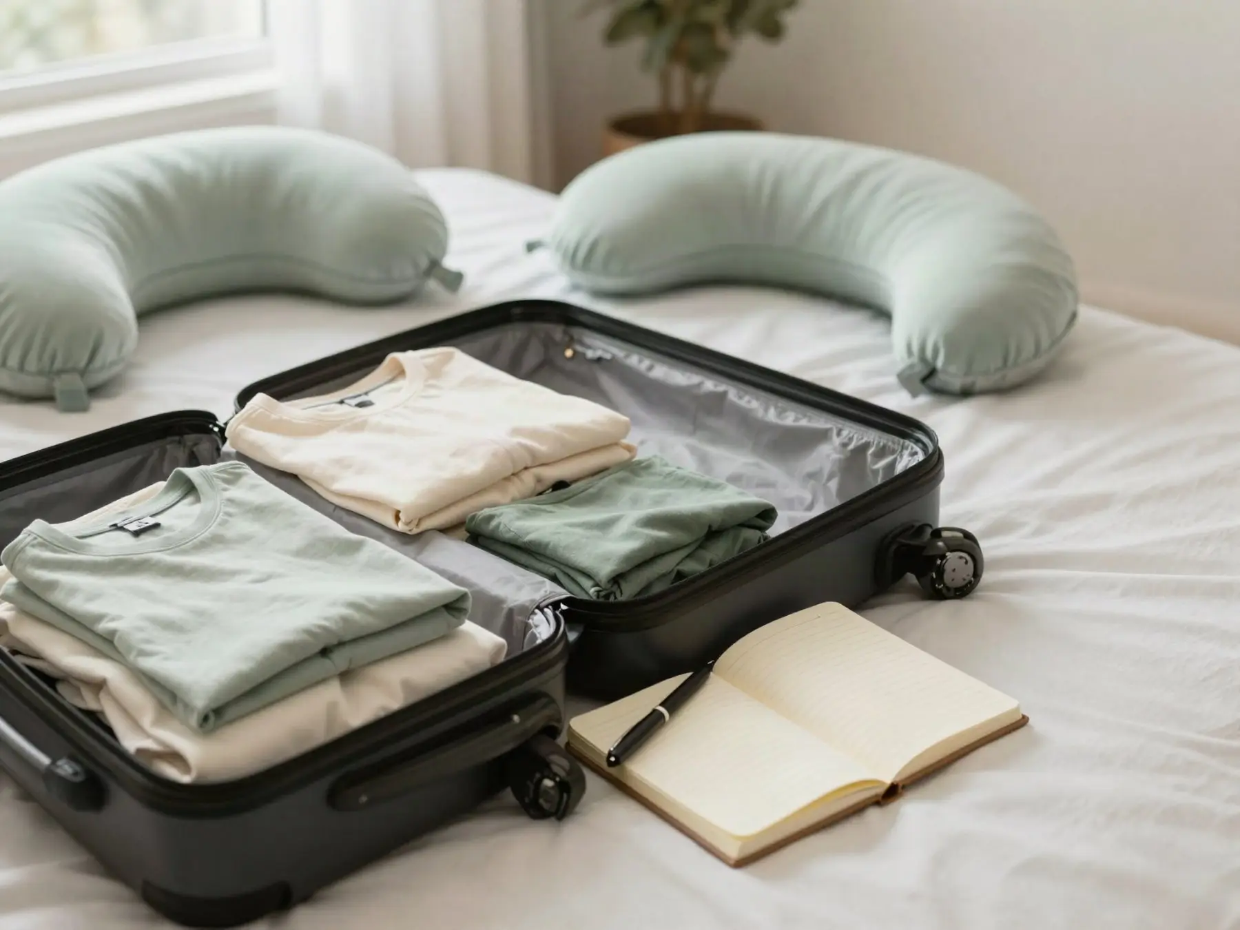 An open carry-on suitcase with neatly folded clothes and a notebook